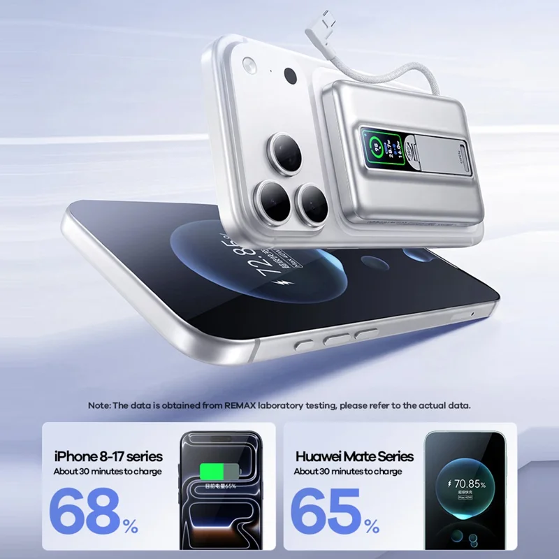REMAX FP-52 10000mAh Power Bank Phone Stand PD 40W TFT Digital Display Charger, 15W Wireless Charging, Built-in Type-C Cable - Silver