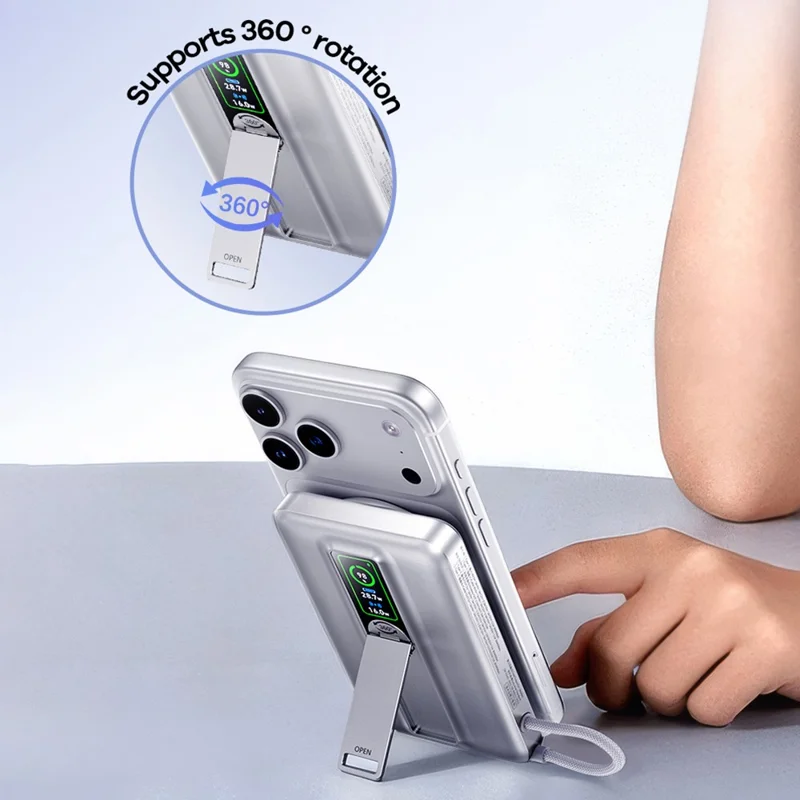 REMAX FP-52 10000mAh Power Bank Phone Stand PD 40W TFT Digital Display Charger, 15W Wireless Charging, Built-in Type-C Cable - Silver