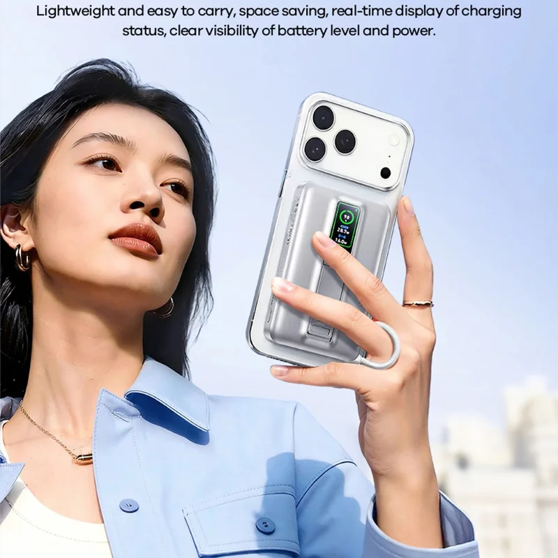 REMAX FP-52 10000mAh Power Bank Phone Stand PD 40W TFT Digital Display Charger, 15W Wireless Charging, Built-in Type-C Cable - Silver