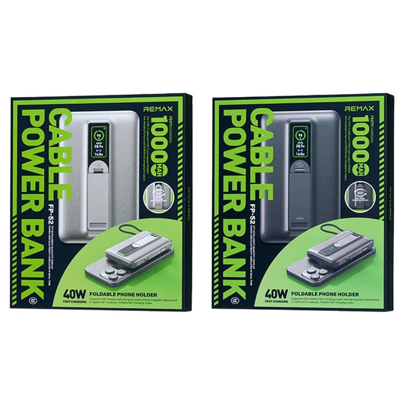 REMAX FP-52 10000mAh Power Bank Phone Stand PD 40W TFT Digital Display Charger, 15W Wireless Charging, Built-in Type-C Cable - Silver