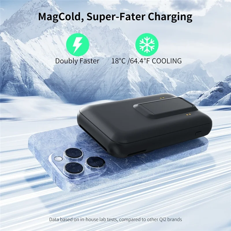 MC02 10000mAh Bærbar Powerbank med Rektangulær Stående 15W PD Hurtigopladning Magnetisk Afkøling Trådløs Qi2 Charger - Sort