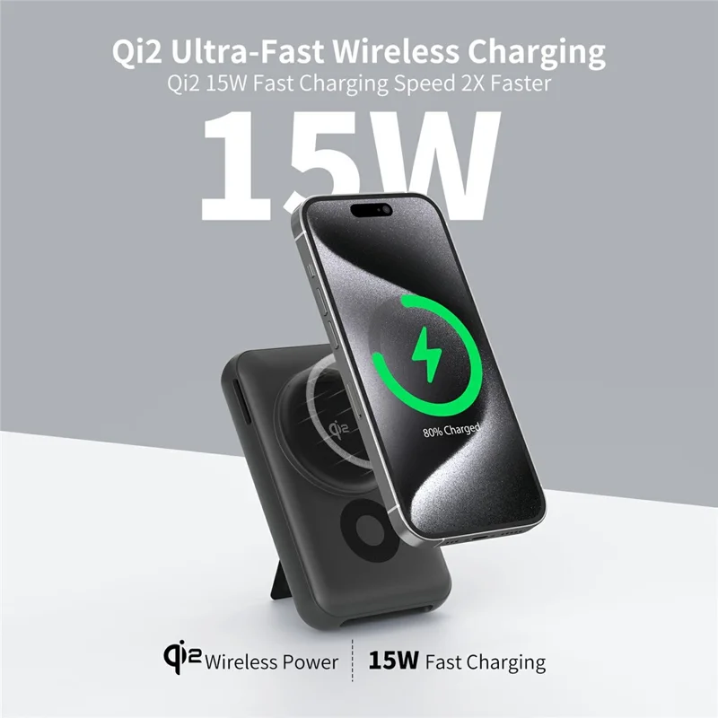 MC02 10000mAh Bærbar Powerbank med Rektangulær Stående 15W PD Hurtigopladning Magnetisk Afkøling Trådløs Qi2 Charger - Sort