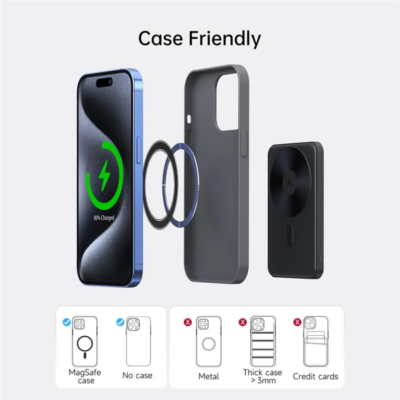MP08 5000mAh Magnetic Power Bank Compatible with MagSafe 15W Portable Wireless Charger - Black