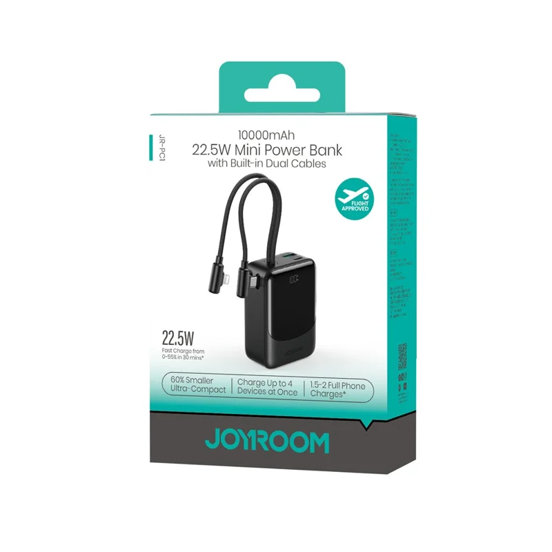 JOYROOM JR-PC1 Power Bank 10000mAh 22.5W Fast Charging with Built-in Dual Cables - Black