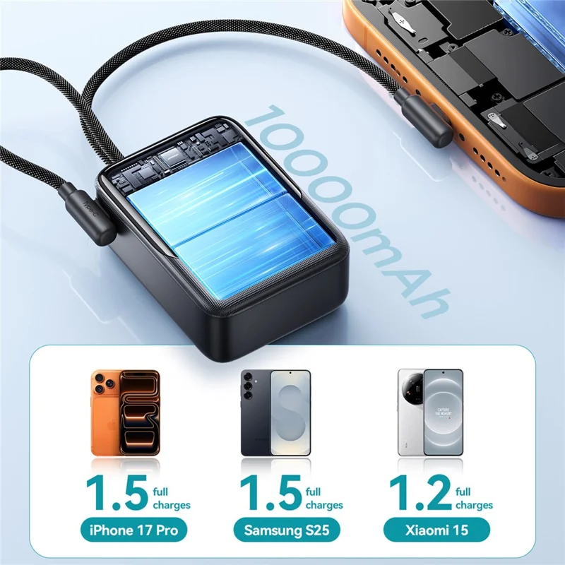 JOYROOM JR-PC1 Power Bank 10000mAh 22.5W Fast Charging with Built-in Dual Cables - White