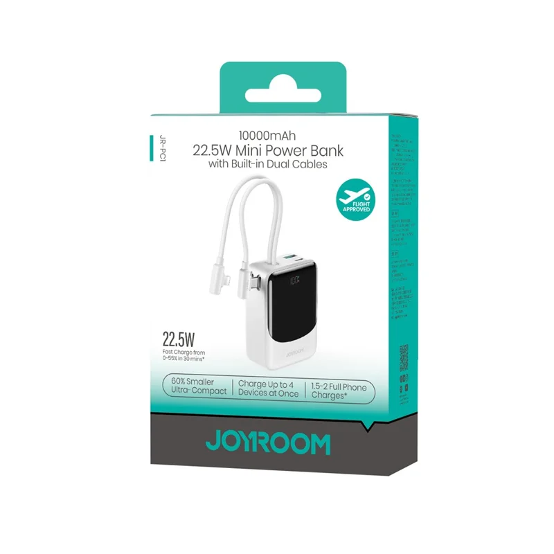 JOYROOM JR-PC1 Power Bank 10000mAh 22.5W Fast Charging with Built-in Dual Cables - White