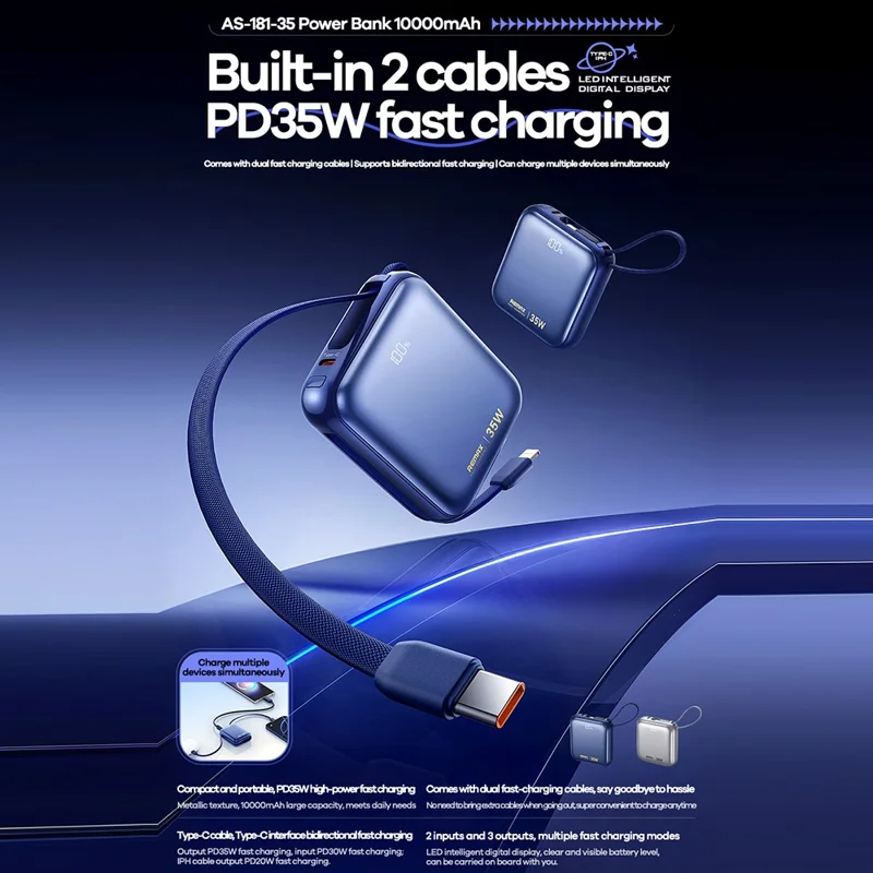REMAX AS-181-35 Power Bank 10000mAh PD 35W Fast Charging Battery Pack with Built-in Type-C IP Cables - Blue