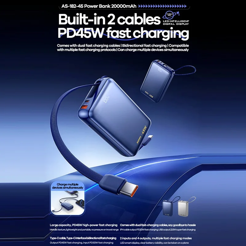 REMAX AS-182-45 Power Bank 20000mAh 45W PD Fast Charging Battery Pack with Built-in Dual Cables - Blue