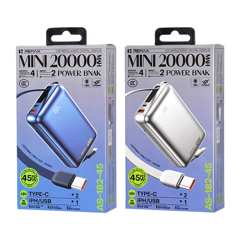 REMAX AS-182-45 Power Bank 20000mAh 45W PD Fast Charging Battery Pack with Built-in Dual Cables - Blue