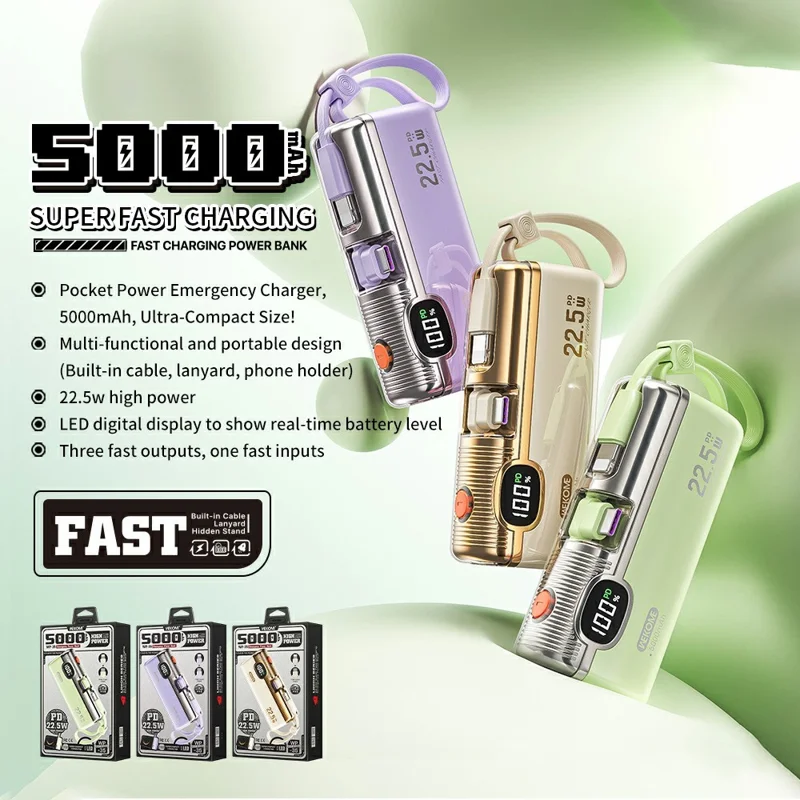 WEKOME WP-35 5000mAh Power Bank 22.5W Fast Charging Built-in Cable LED Display Portable Charger - Green