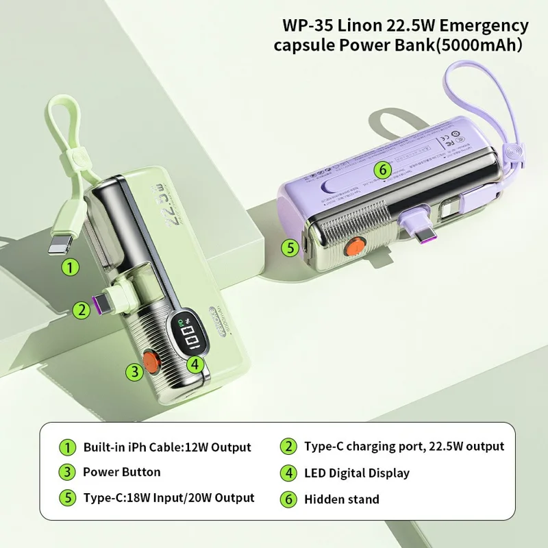 WEKOME WP-35 5000mAh Power Bank 22.5W Fast Charging Built-in Cable LED Display Portable Charger - Green