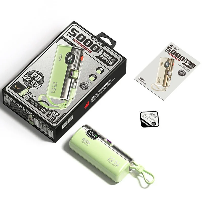 WEKOME WP-35 5000mAh Power Bank 22.5W Fast Charging Built-in Cable LED Display Portable Charger - Green