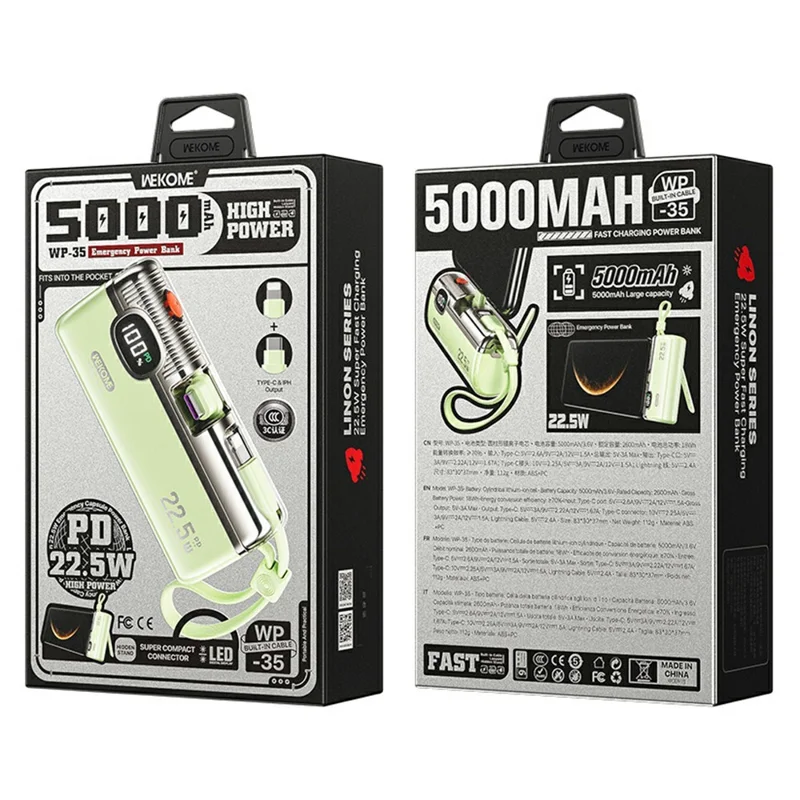WEKOME WP-35 5000mAh Power Bank 22.5W Fast Charging Built-in Cable LED Display Portable Charger - Green