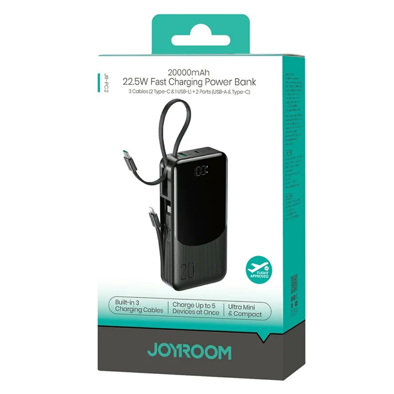 JOYROOM JR-PC2 20000mAh 22.5W Fast Charging Power Bank Built-in 3 Cables Digital Display Portable Charger - Black