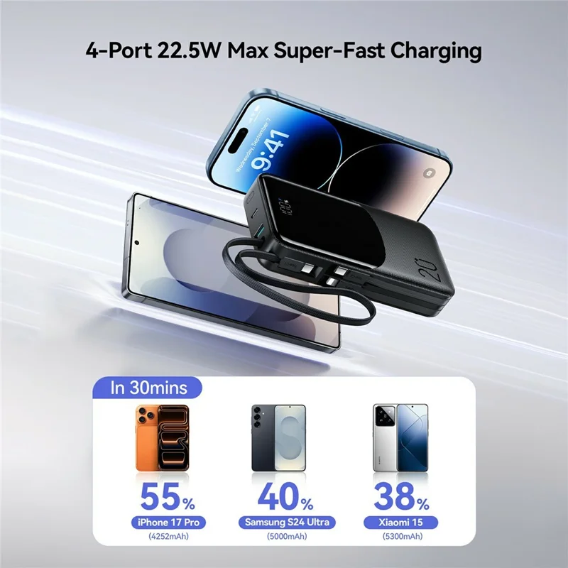 JOYROOM JR-PC2 20000mAh 22.5W Fast Charging Power Bank Built-in 3 Cables Digital Display Portable Charger - Black