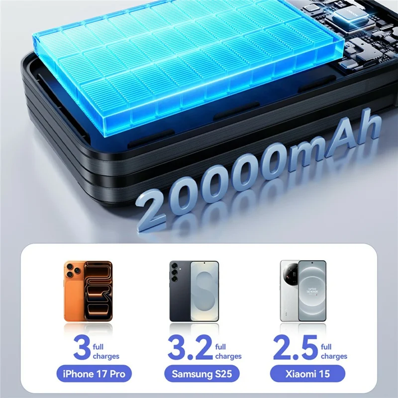 JOYROOM JR-PC2 20000mAh 22.5W Fast Charging Power Bank Built-in 3 Cables Digital Display Portable Charger - Black
