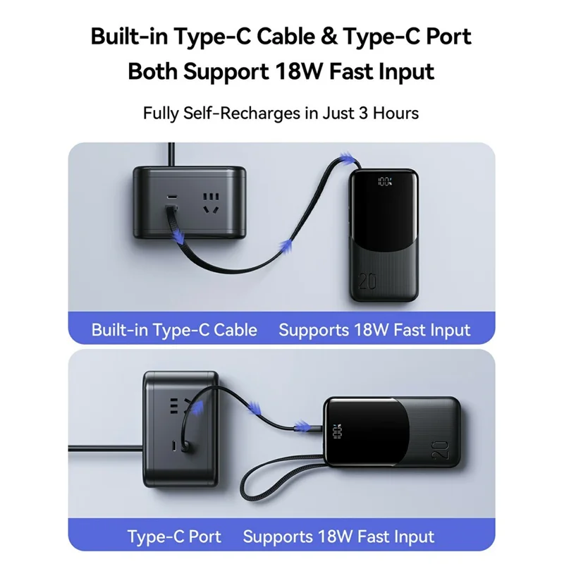 JOYROOM JR-PC2 20000mAh 22.5W Fast Charging Power Bank Built-in 3 Cables Digital Display Portable Charger - Black