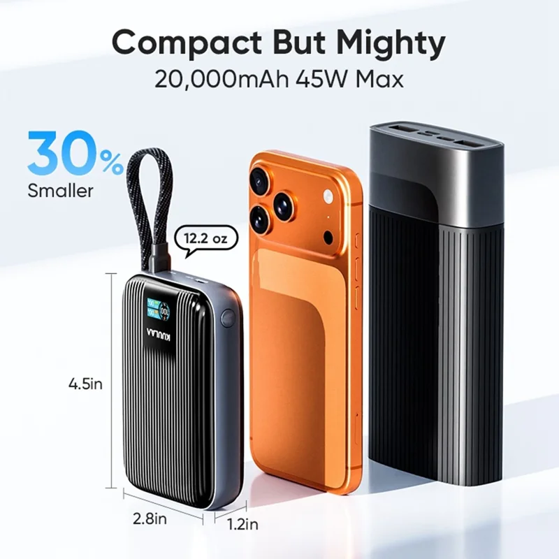 KUULAA KL-YD120 20000mAh Power Bank 45W PD Fast Charging TFT Display Charger with Built-in Cable - Blue