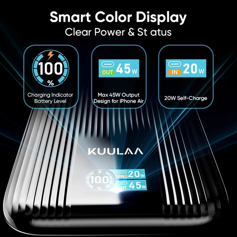 KUULAA KL-YD120 20000mAh Power Bank 45W PD Fast Charging TFT Display Charger with Built-in Cable - Blue