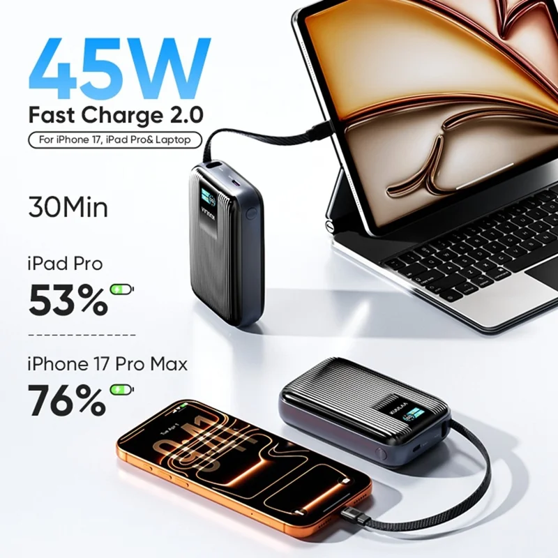 KUULAA KL-YD120 20000mAh Power Bank 45W PD Fast Charging TFT Display Charger with Built-in Cable - Blue