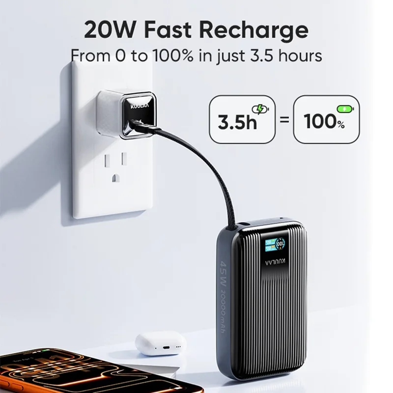 KUULAA KL-YD120 20000mAh Power Bank 45W PD Fast Charging TFT Display Charger with Built-in Cable - Grey