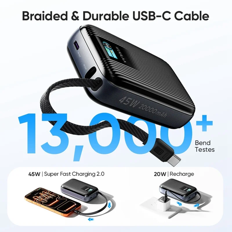 KUULAA KL-YD120 20000mAh Power Bank 45W PD Fast Charging TFT Display Charger with Built-in Cable - Grey