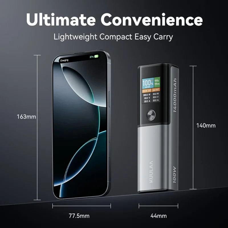 KUULAA KL-YD78 14000mAh Mini Power Bank 100W PD Fast Charging Smart TFT Display Portable Charger - Tarnish