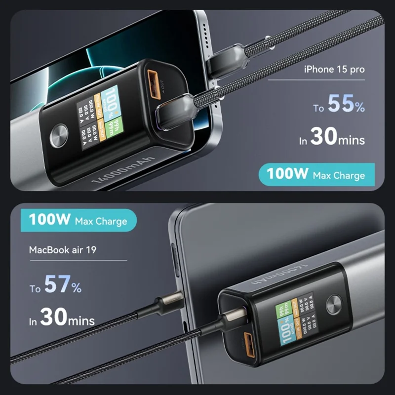 KUULAA KL-YD78 14000mAh Mini Power Bank 100W PD Fast Charging Smart TFT Display Portable Charger - Tarnish