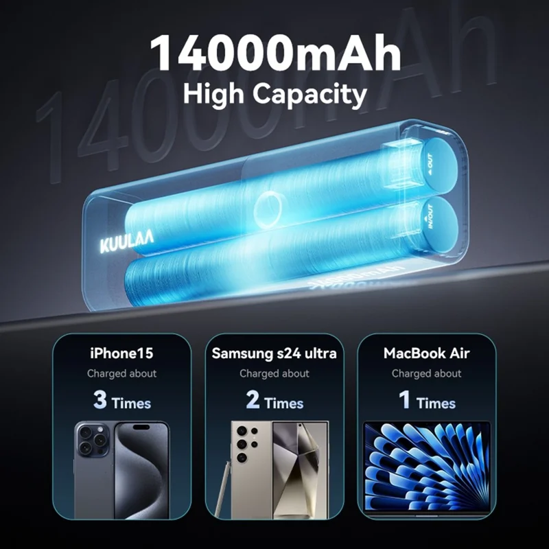 KUULAA KL-YD78 14000mAh Mini Power Bank 100W PD Fast Charging Smart TFT Display Portable Charger - Tarnish