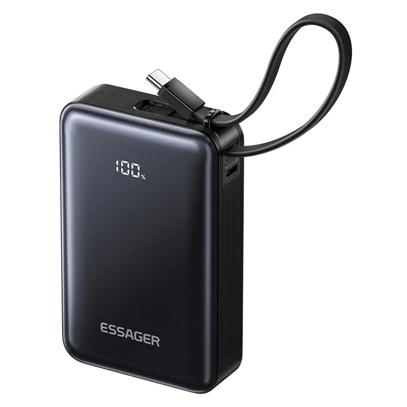 ESSAGER F2026 Pro 20000mAh Powerbank 65W PD Hurtig Opladning med Indbygget Type-C Kabel, Digital Display Oplader - Sort