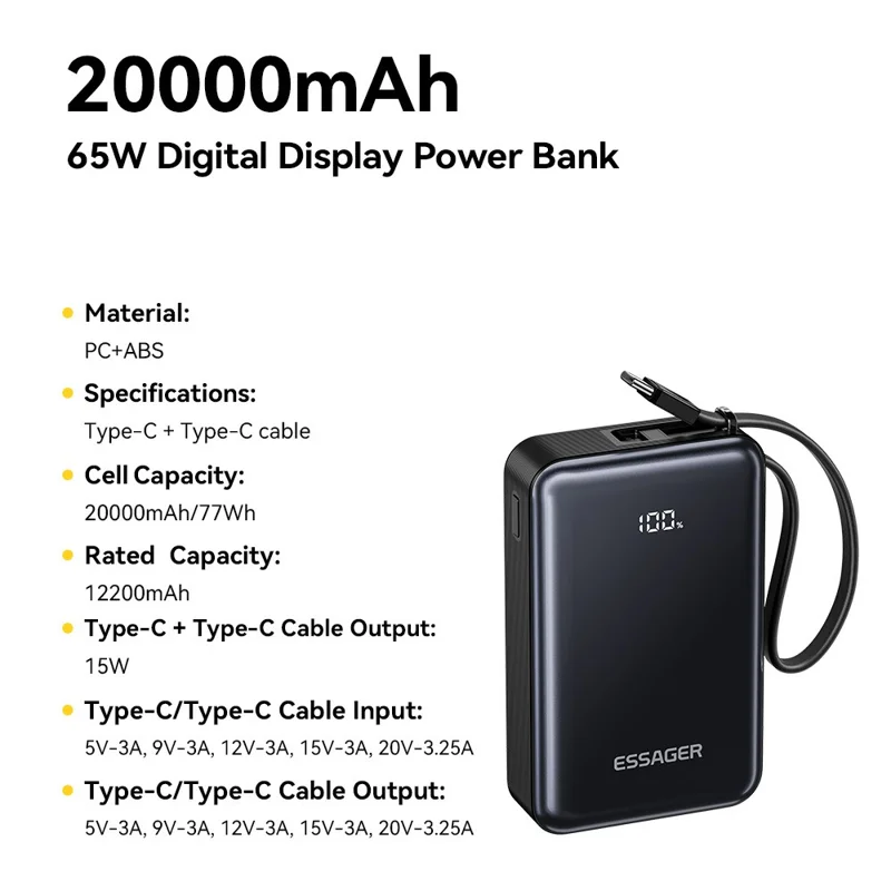ESSAGER F2026 Pro 20000mAh Powerbank 65W PD Hurtig Opladning med Indbygget Type-C Kabel, Digital Display Oplader - Sort