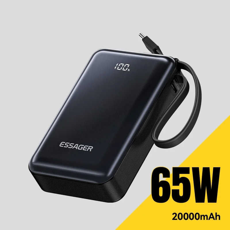 ESSAGER F2026 Pro 20000mAh Powerbank 65W PD Hurtig Opladning med Indbygget Type-C Kabel, Digital Display Oplader - Sort