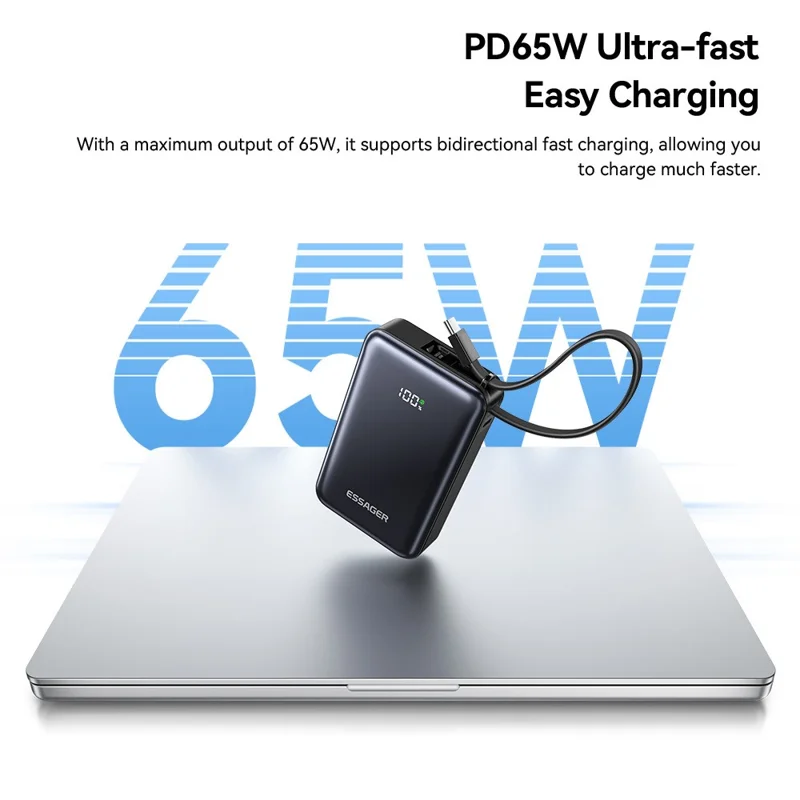 ESSAGER F2026 Pro 20000mAh Powerbank 65W PD Hurtig Opladning med Indbygget Type-C Kabel, Digital Display Oplader - Sort
