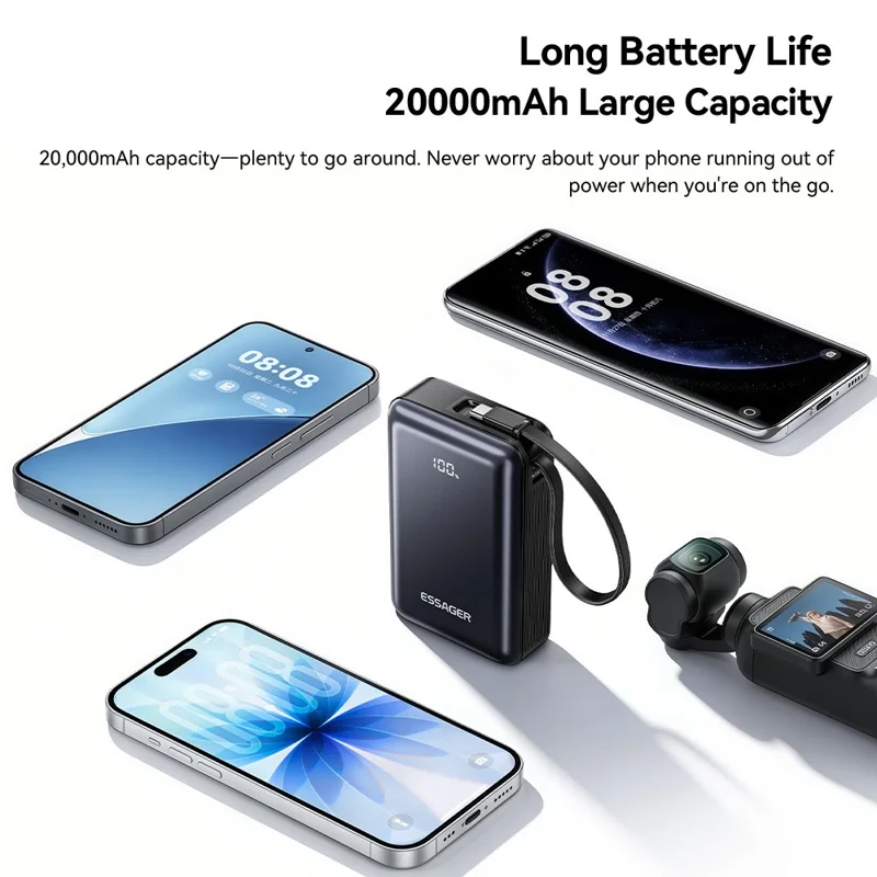 ESSAGER F2026 Pro 20000mAh Powerbank 65W PD Hurtig Opladning med Indbygget Type-C Kabel, Digital Display Oplader - Sort