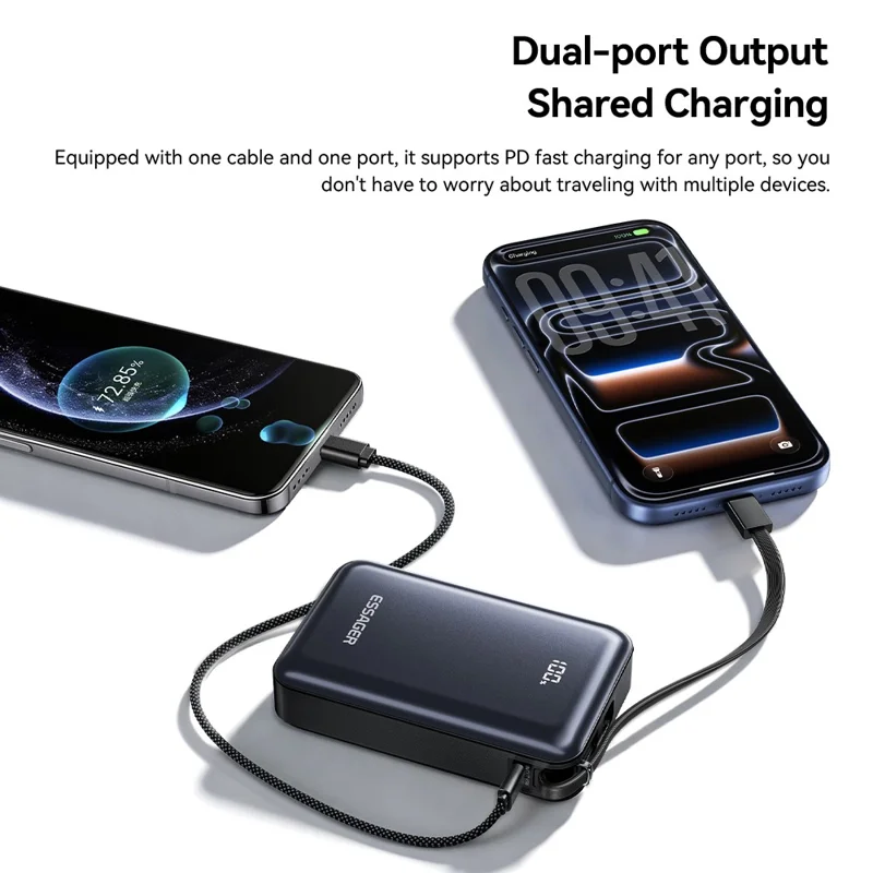 ESSAGER F2026 Pro 20000mAh Powerbank 65W PD Hurtig Opladning med Indbygget Type-C Kabel, Digital Display Oplader - Sort