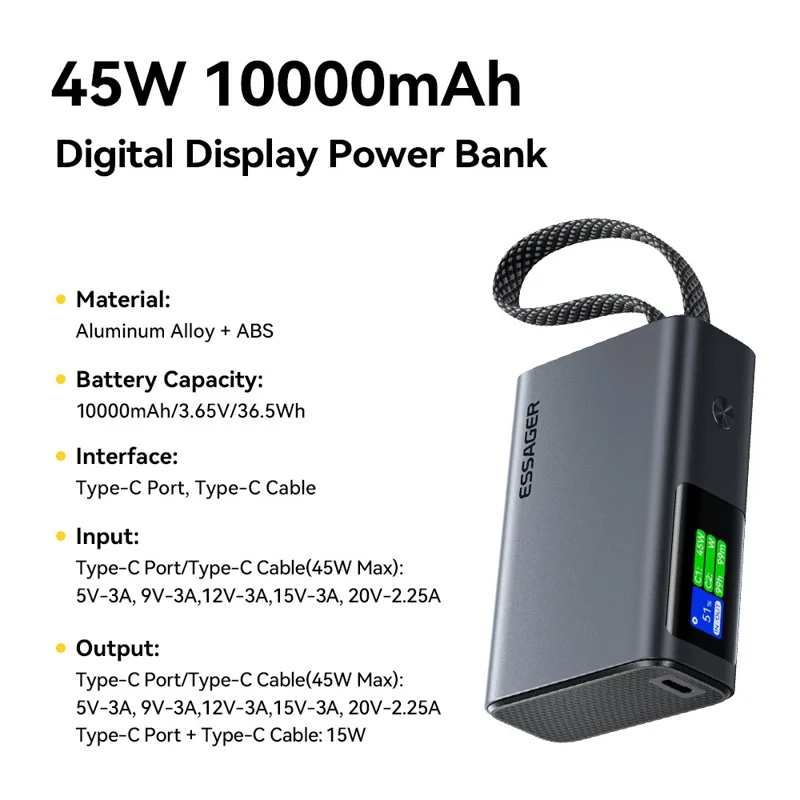 ESSAGER ES-D026 45W Smart Display 10000mAh Power Bank TFT-skærm med indbygget Type-C-kabel 45W hurtigopladning - Sort