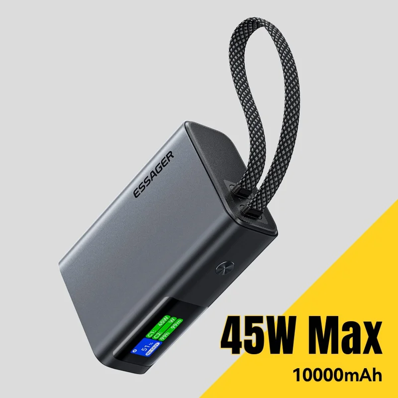 ESSAGER ES-D026 45W Smart Display 10000mAh Power Bank TFT-skærm med indbygget Type-C-kabel 45W hurtigopladning - Sort
