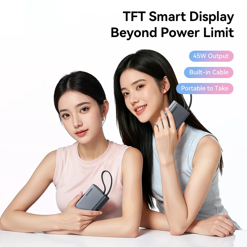 ESSAGER ES-D026 45W Smart Display 10000mAh Power Bank TFT-skærm med indbygget Type-C-kabel 45W hurtigopladning - Sort