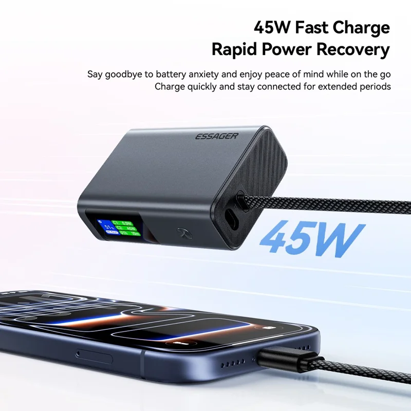 ESSAGER ES-D026 45W Smart Display 10000mAh Power Bank TFT-skærm med indbygget Type-C-kabel 45W hurtigopladning - Sort