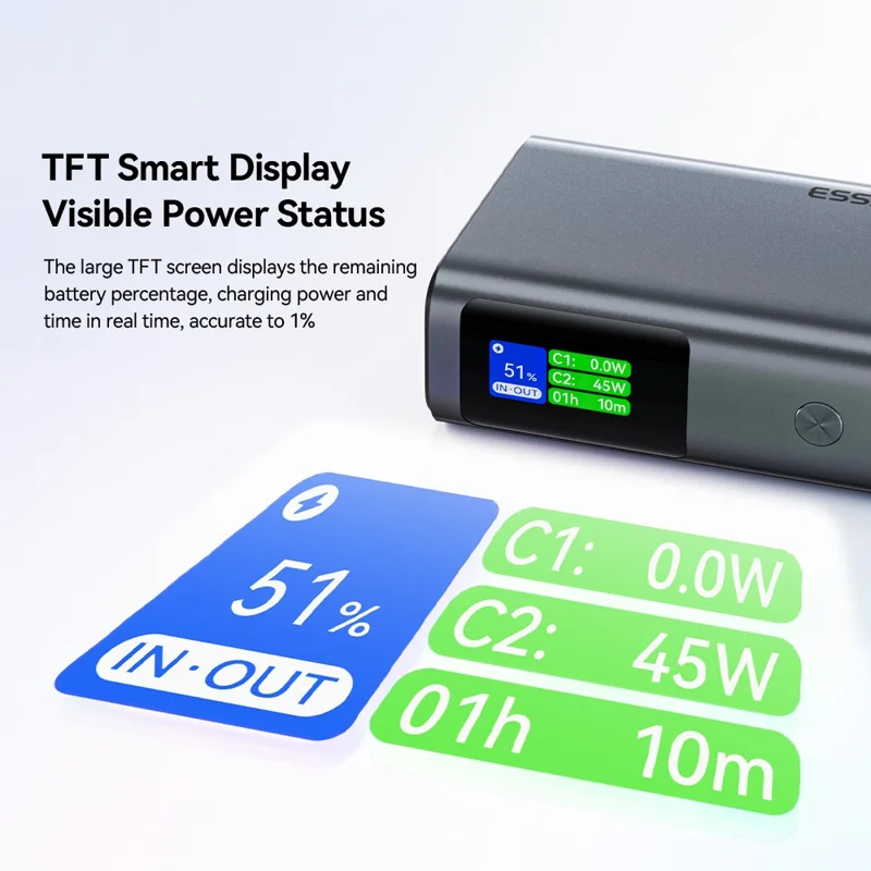 ESSAGER ES-D026 45W Smart Display 10000mAh Power Bank TFT-skærm med indbygget Type-C-kabel 45W hurtigopladning - Sort