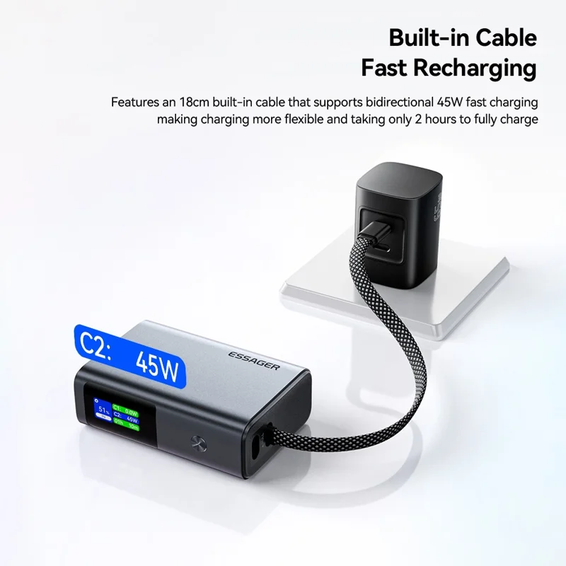 ESSAGER ES-D026 45W Smart Display 10000mAh Power Bank TFT-skærm med indbygget Type-C-kabel 45W hurtigopladning - Sort