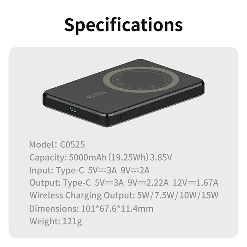C0525 5000mAh Banco de Energía Inalámbrico Magnético Cargador Portátil de Carga Rápida 15W - Negro