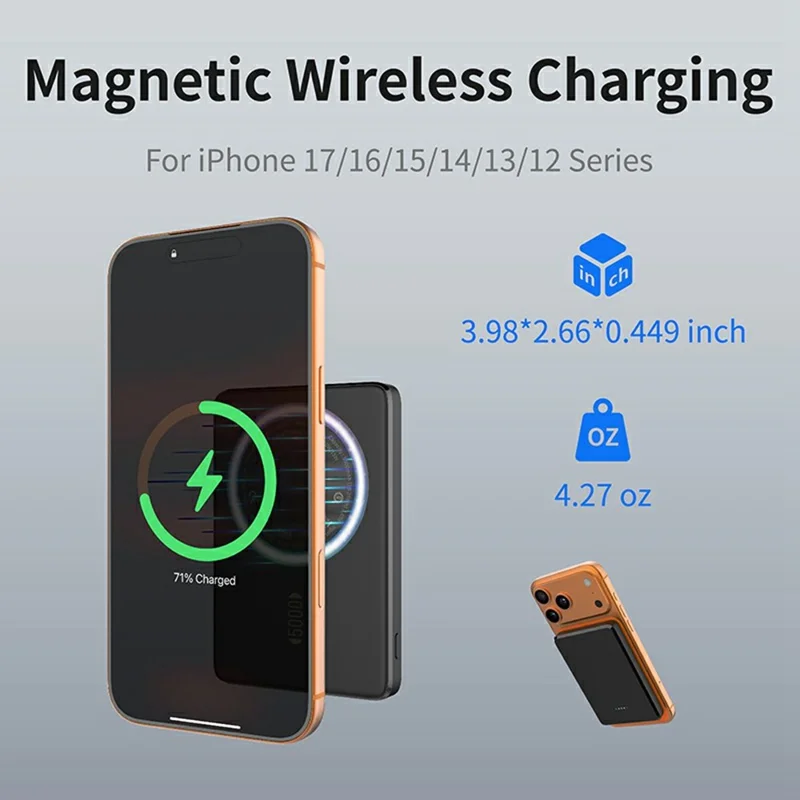 C0525 5000mAh Banco de Energía Inalámbrico Magnético Cargador Portátil de Carga Rápida 15W - Negro