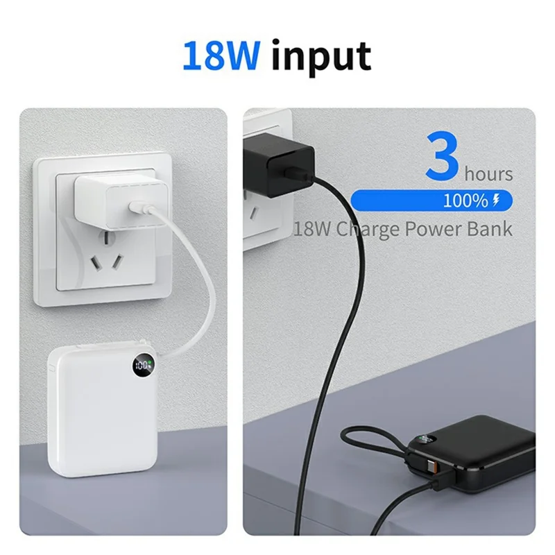 C1050 10000mAh Power Bank Built-in Type-C Cable 22.5W Fast Charging LED Display Portable Charger - Black