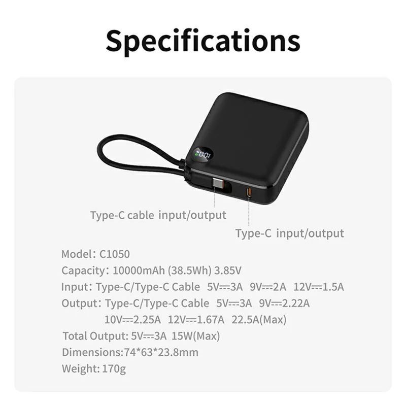 C1050 10000mAh Power Bank Built-in Type-C Cable 22.5W Fast Charging LED Display Portable Charger - Black