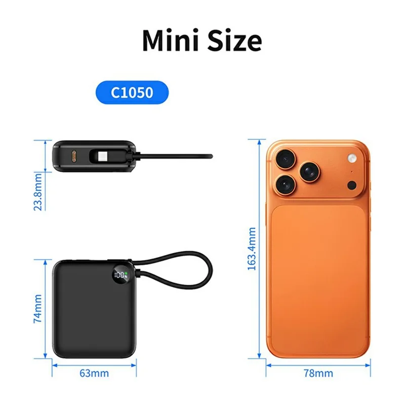 C1050 10000mAh Power Bank Built-in Type-C Cable 22.5W Fast Charging LED Display Portable Charger - Black