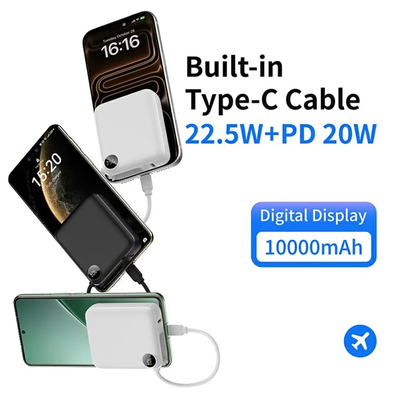 C1050 10000mAh Power Bank Built-in Type-C Cable 22.5W Fast Charging LED Display Portable Charger - Black