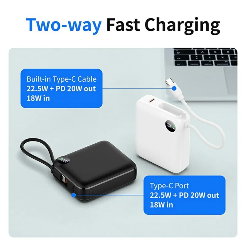 C1050 10000mAh Power Bank Built-in Type-C Cable 22.5W Fast Charging LED Display Portable Charger - Black