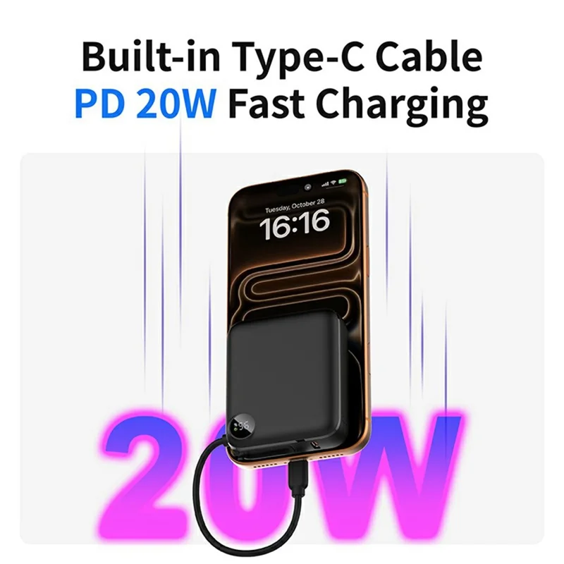 C1050 10000mAh Power Bank Built-in Type-C Cable 22.5W Fast Charging LED Display Portable Charger - Black