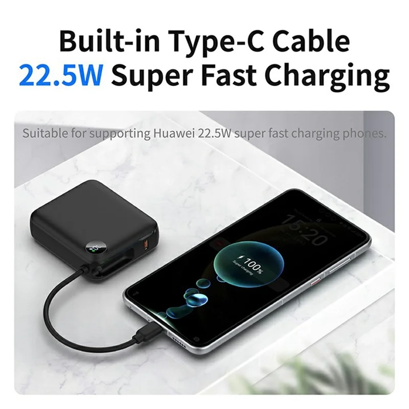 C1050 10000mAh Power Bank Built-in Type-C Cable 22.5W Fast Charging LED Display Portable Charger - Black